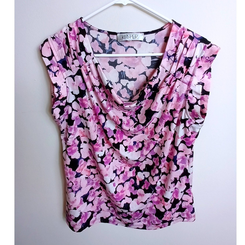 Kasper Blouse Womens Medium Pink Purple Floral Cowl Neck Sleeveless Excellent